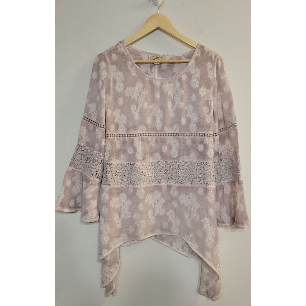 One World Women's Top Size Small Mauve Silver Boho Crochet 3/4th Bellsleeve